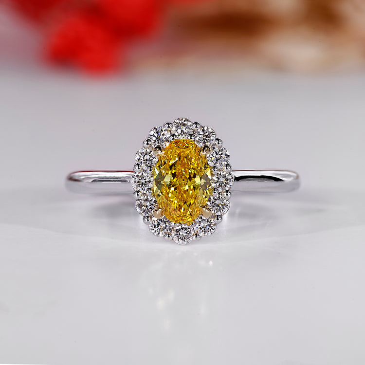 Halo diamond ring with oval center stone.
