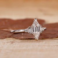 v prong setting on white gold engagement ring.
