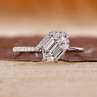 Unique engagement ring has hexagon cut shape.
