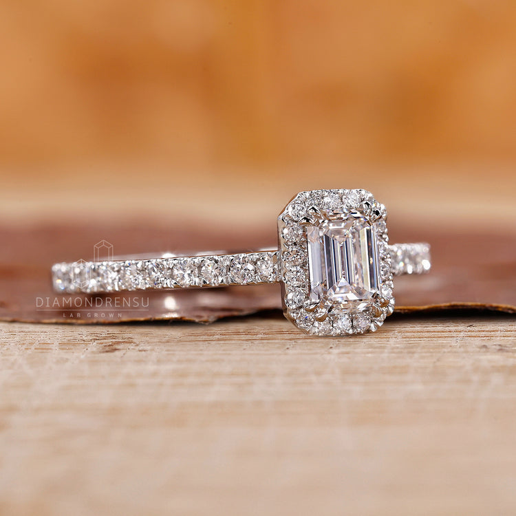 Halo engagement ring matched with pave setting ring.
