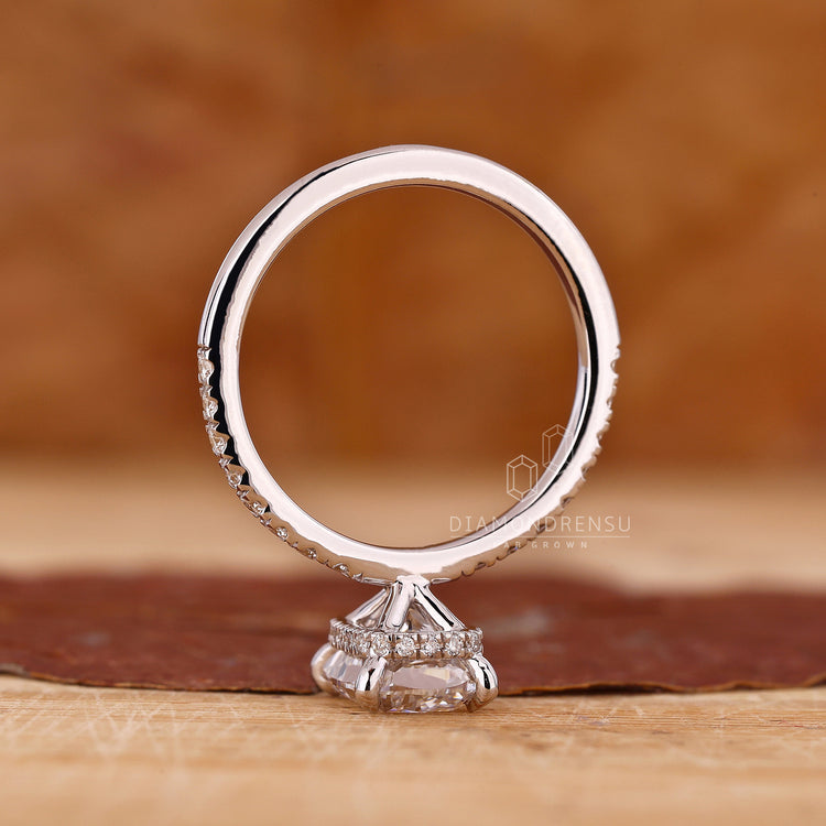 Lab Grown Diamond set in a cushion cut diamond ring.
