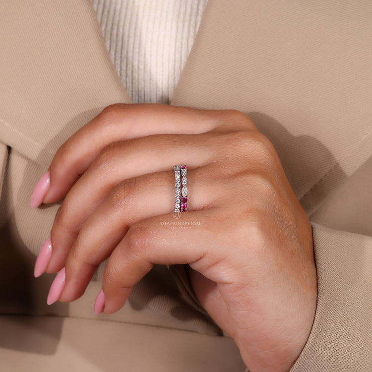 Two row diamond band for ring stacking.