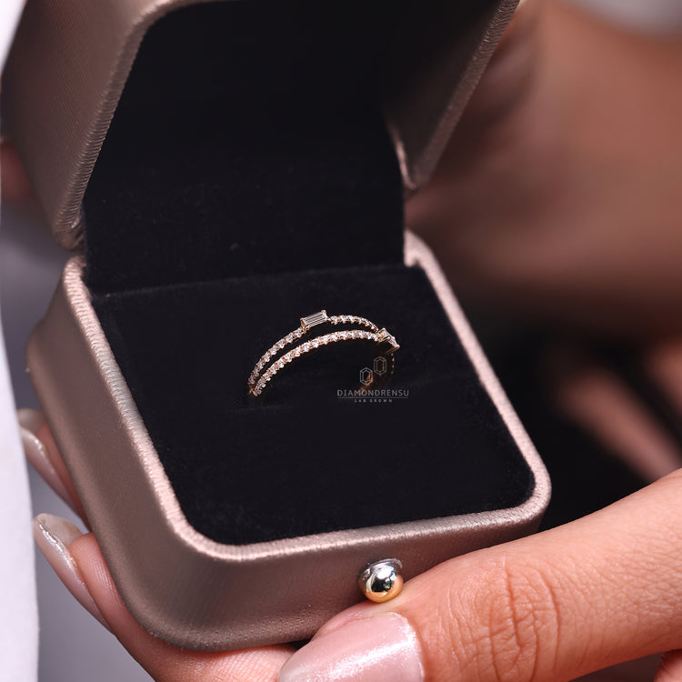 Half Eternity Wedding Band in yellow gold with prong setting.
