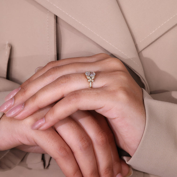 Yellow gold diamond ring in unique engagement ring style.
