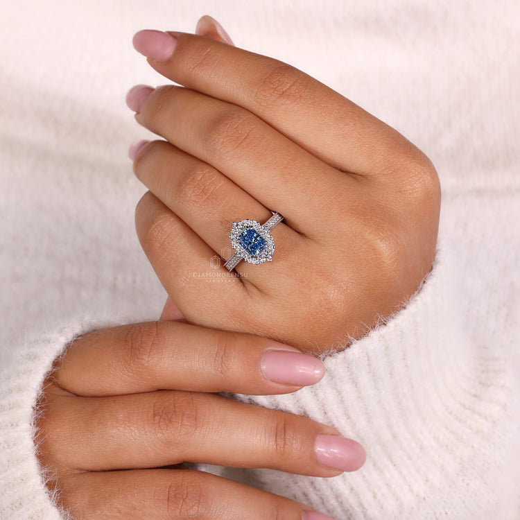 Pave band engagement ring set with double claw prong setting.
