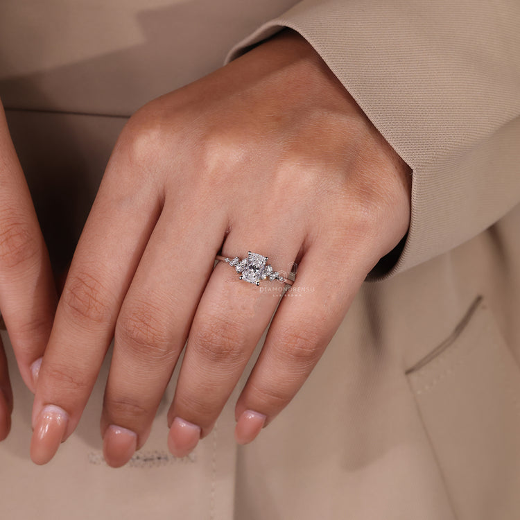 Lab grown diamond ring crafted with prong setting and cushion cut design.
