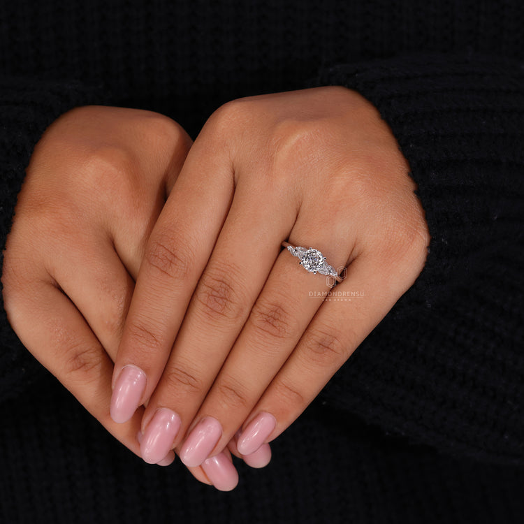 IGI certified Portuguese cut diamond ring with side stones.
