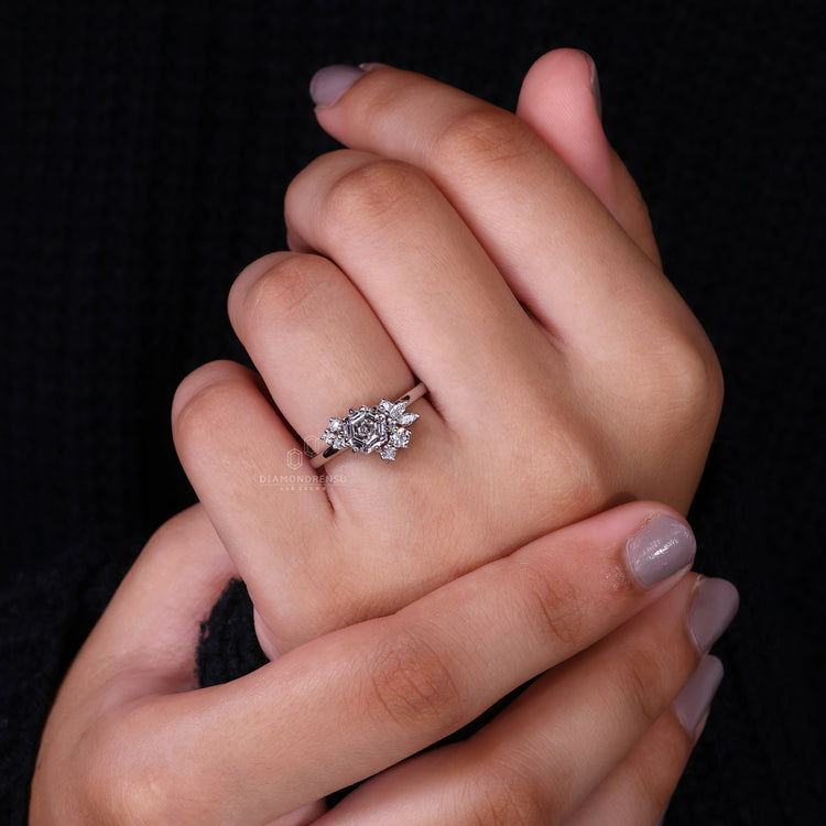 prong setting in unique engagement ring style.
