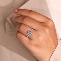 Prong setting paired with Portuguese cut diamond ring.
