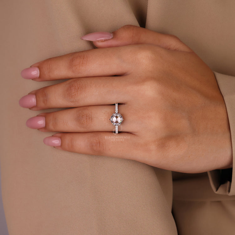 Lab grown diamond pavé ring with round rose cut centre.
