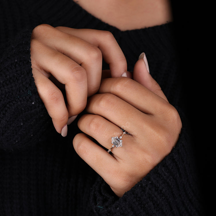 IGI certified hexagon step cut engagement ring.
