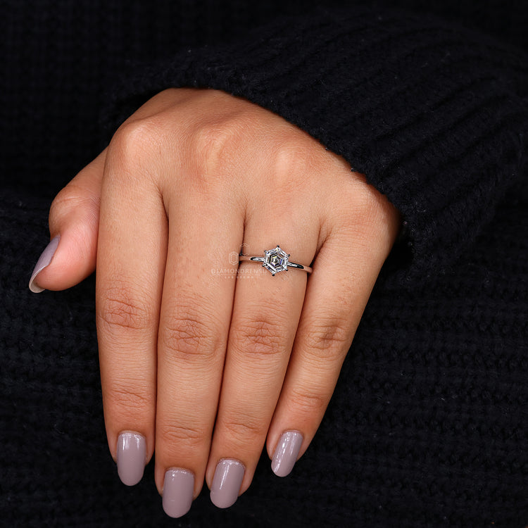 IGI certified hexagon step cut diamond ring.
