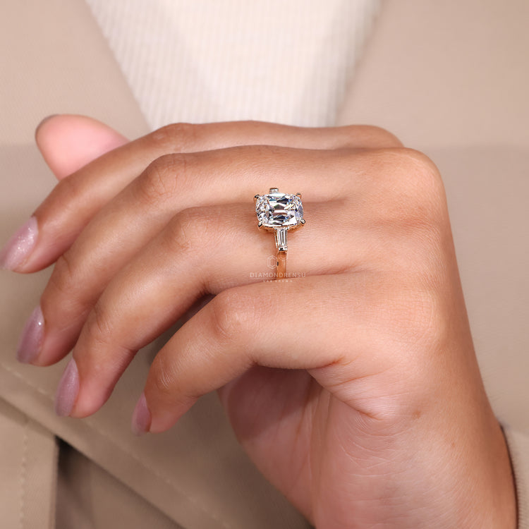 Lab grown cushion cut diamond engagement ring.
