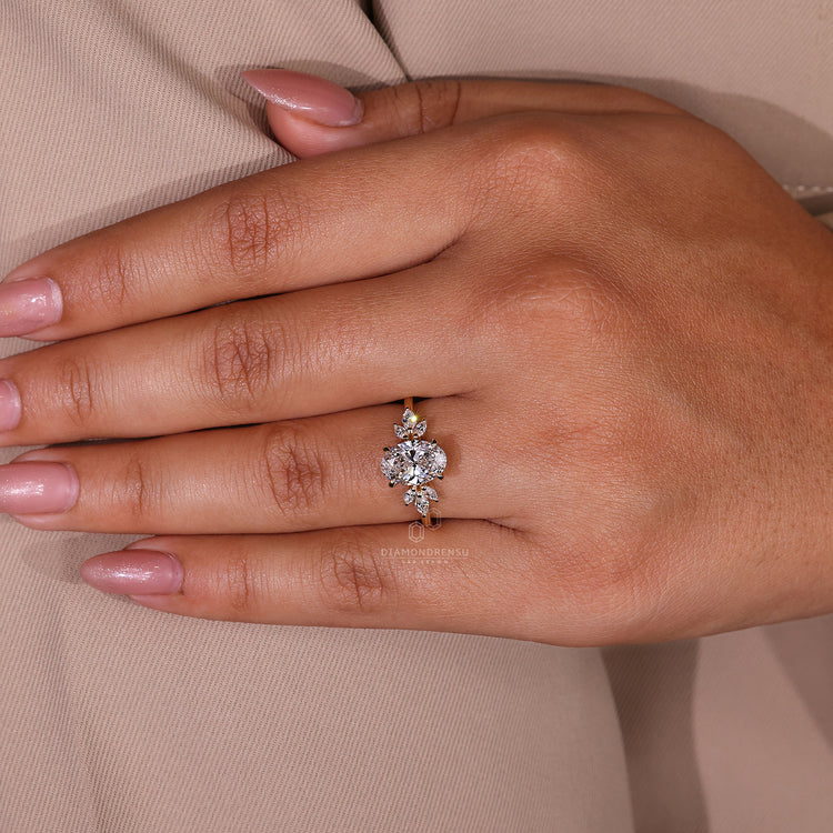 Buy engagement ring with hidden halo oval cut diamond in a handcrafted yellow gold band.
