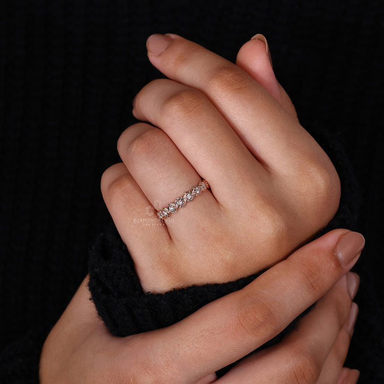 Round diamond wedding band with handmade jewelry.
