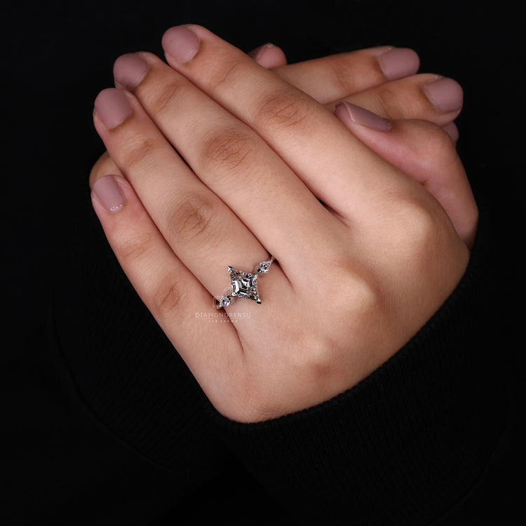 Lab Grown Diamond in lozenge cut diamond ring.
