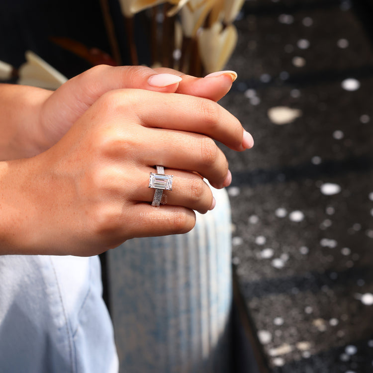 Pave diamond ring with 4 claw prong setting.
