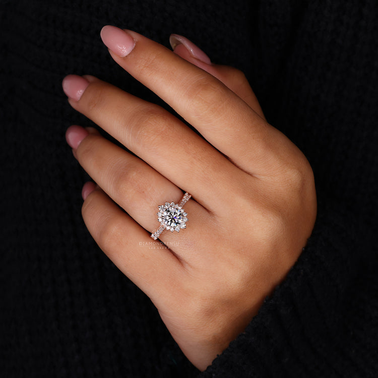 Filigree engagement ring paired with a peekaboo diamond ring.
