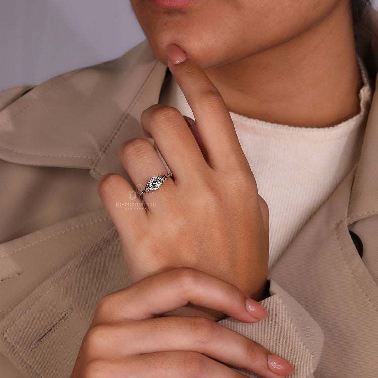 Customise ring with Portuguese cut diamond and twist shank in white gold.
