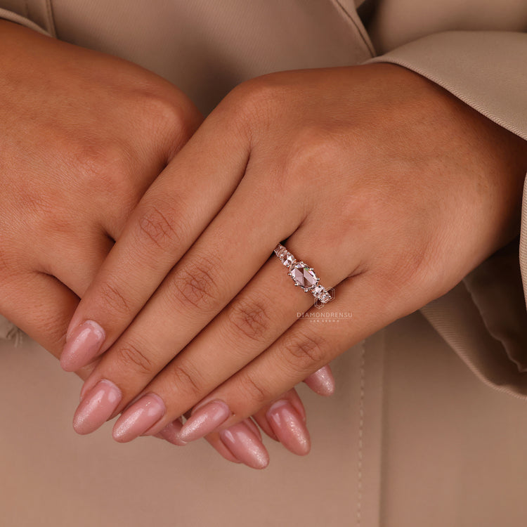 Buy engagement ring with oval rose cut and pavé setting.
