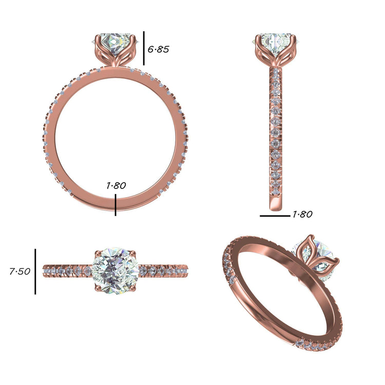 Round Cut Lab-Grown Diamond Tulip Prongs Pavé Band Ring 1.5ct - 10k Rose Gold - Size R