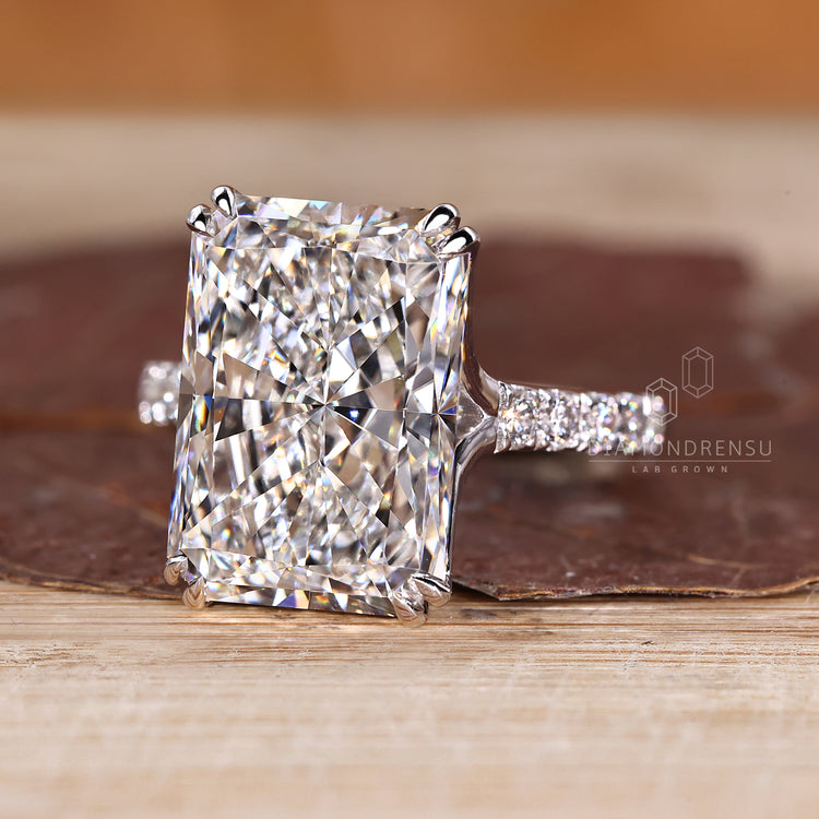 Trellis setting ring with radiant cut lab grown diamond.