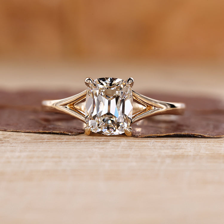 Solitaire engagement ring with old mine cushion cut diamond ring.

