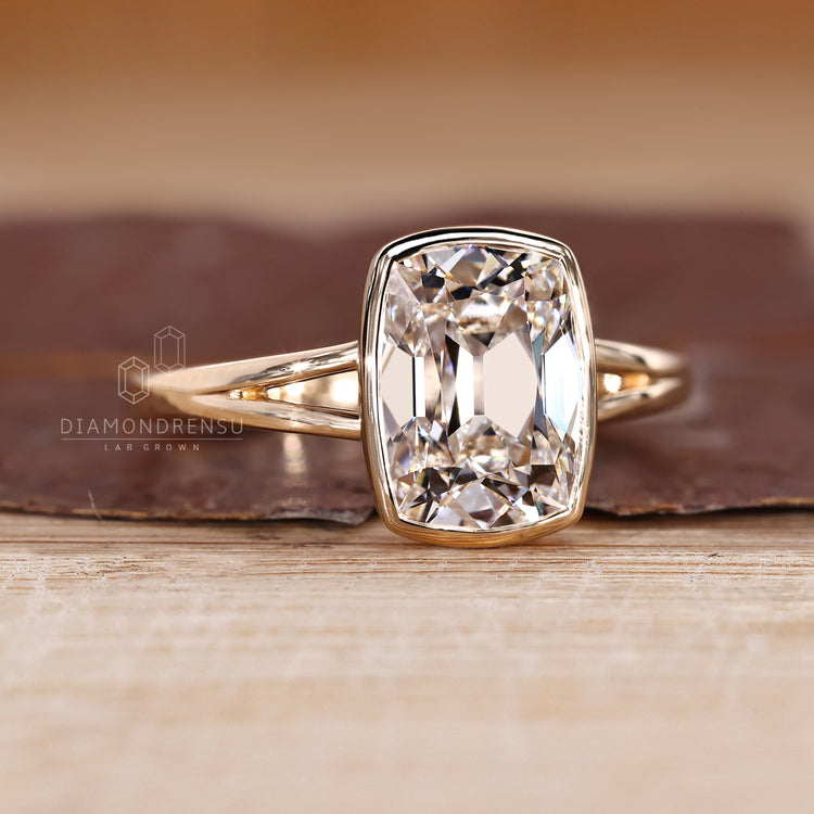 Lab Grown Cushion Old European Cut solitaire ring.
