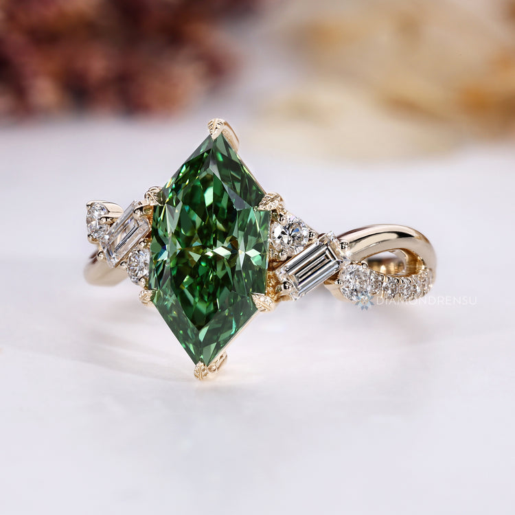 Lab grown Dutch marquise ring with green diamond.