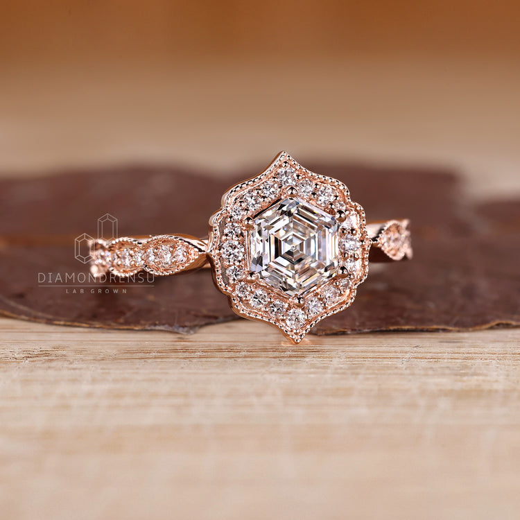 Hexagon Cut Diamond Ring elegant pave band design.
