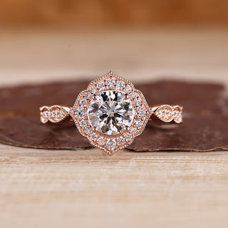 Round Cut Diamond Ring vintage pave milgrain style.
