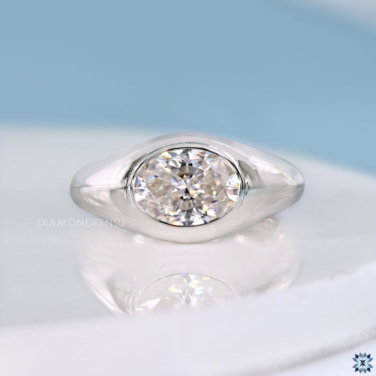 Oval cut engagement ring in solitaire style with east to west setting.