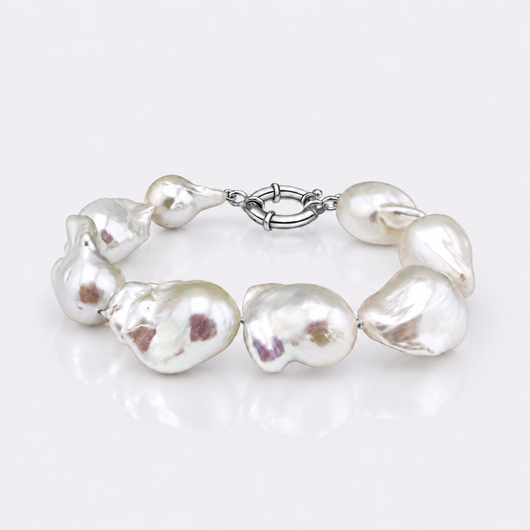 Big white baroque freshwater pearl bracelet with sterling silver bolt-ring clasp
