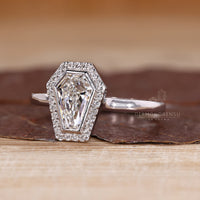 Lab grown coffin diamond ring halo style.
