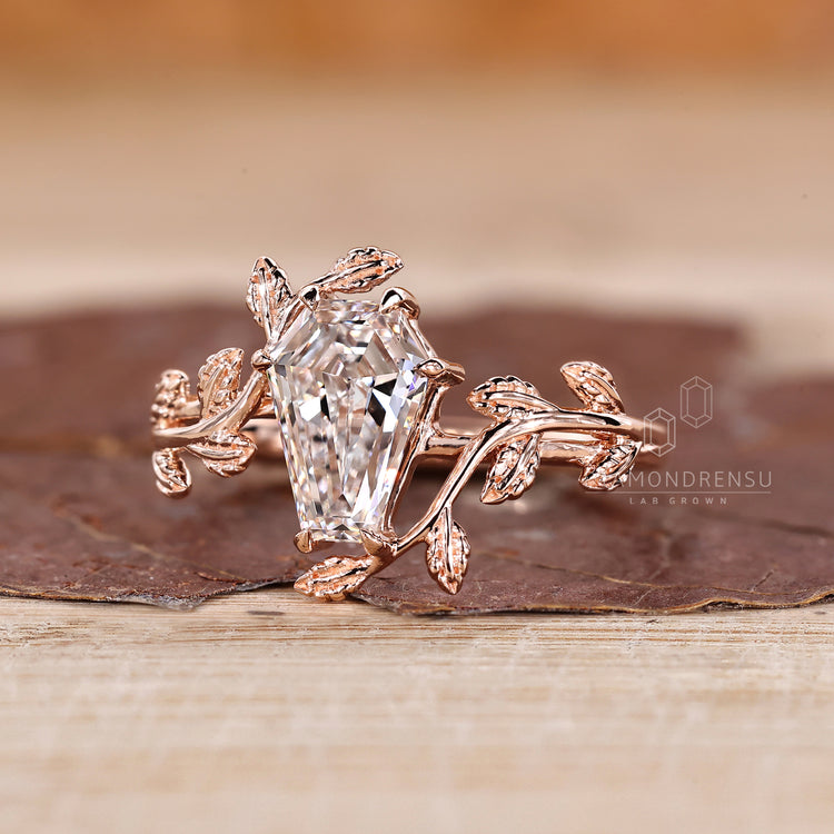 Lab grown coffin diamond ring nature style.