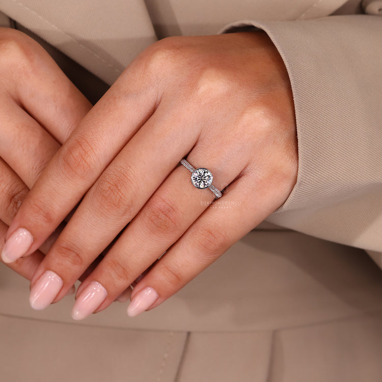 Elegant bezel diamond ring with two row pave.
