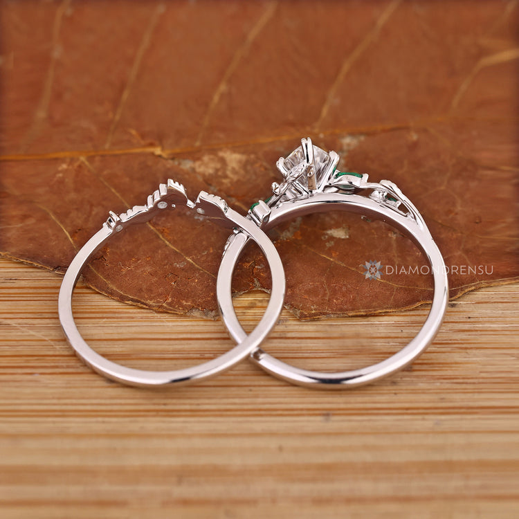 Dutch marquise bridal set with chevron leaf style band.