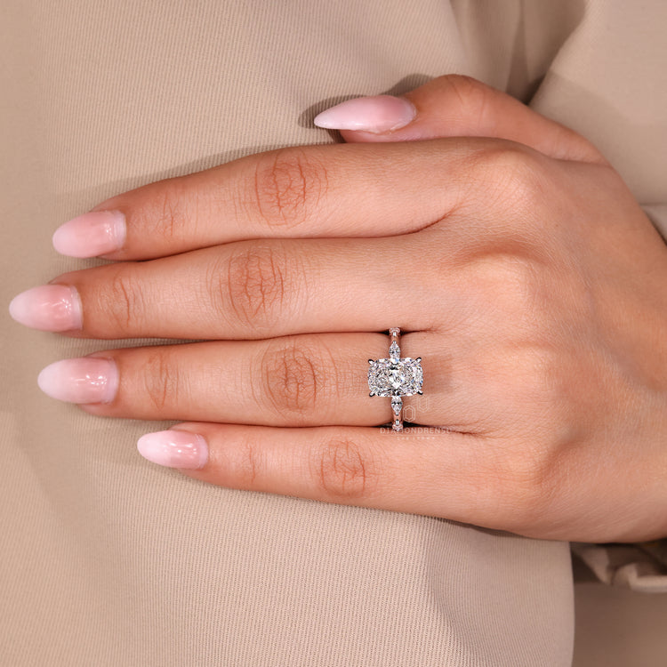 Cushion cut ring hidden halo four prong setting.

