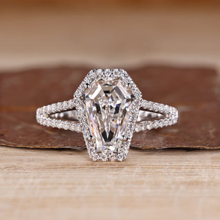 Coffin cut diamond ring halo split shank style.