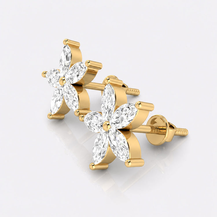 Flower Petal Marquise Cut Lab-Grown Diamond Stud + Solid Gold Earrings