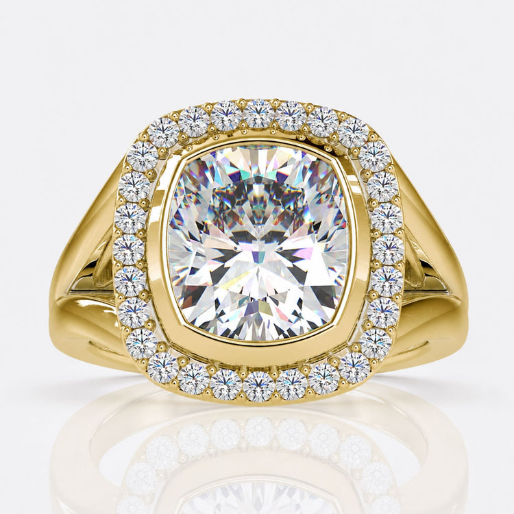 6.26 TCW Cushion Cut Moissanite Split Shank Halo Engagement Ring