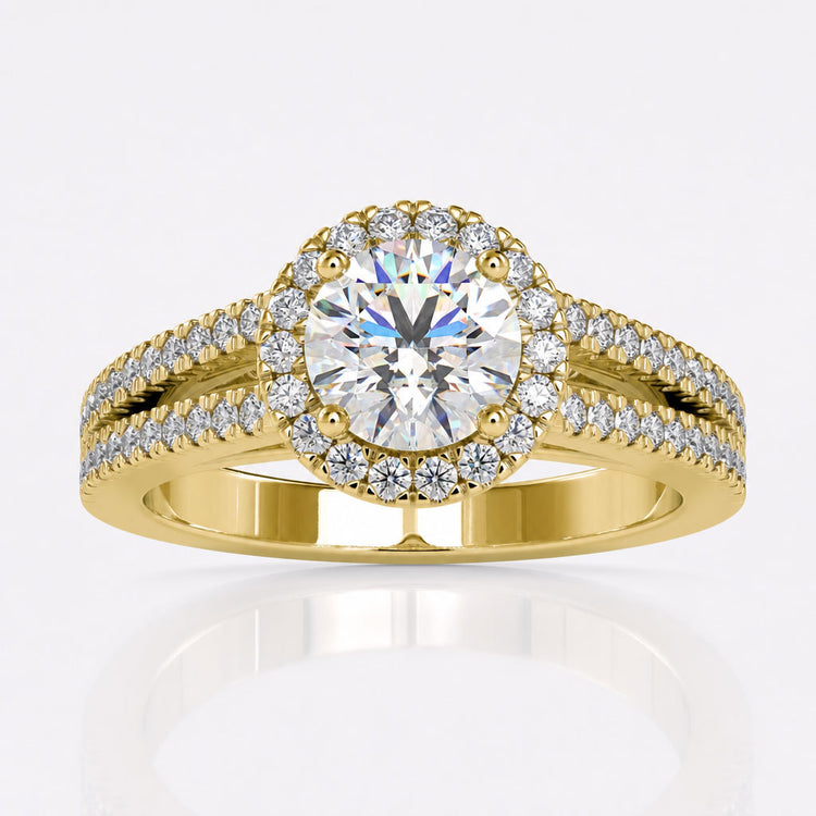 1.64 TCW Round Brilliant Cut Classic Split Shank Halo Moissanite Engagement Ring