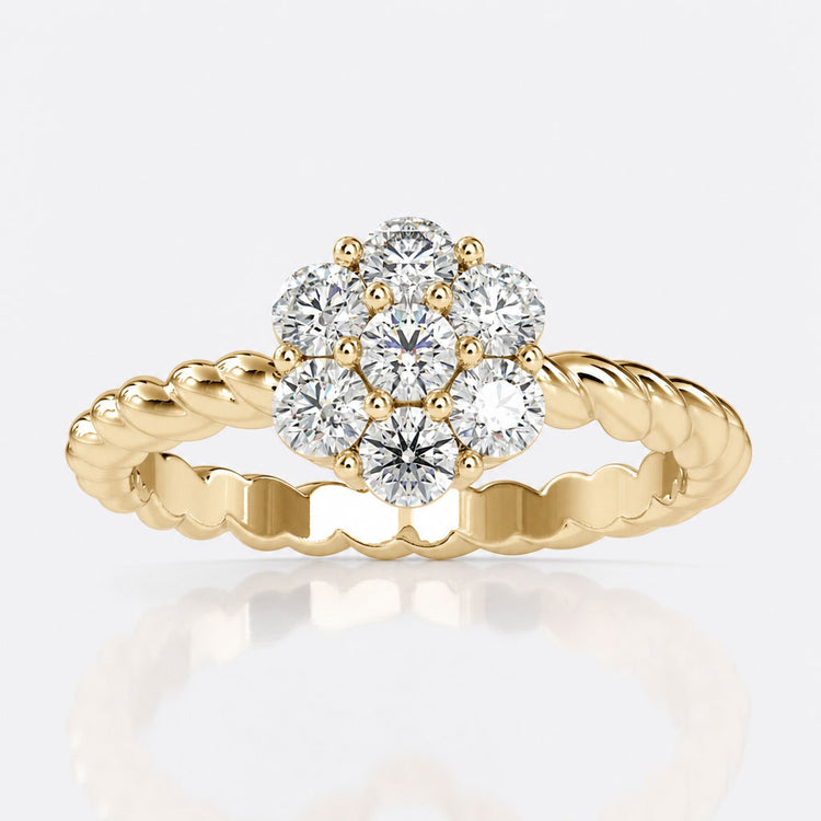 0.70 TCW Round Moissanite Twisted Rope Shank Cluster Halo Ring