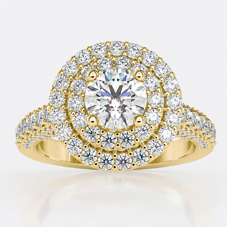 Round Cut Double Halo Ring With Pave Band
