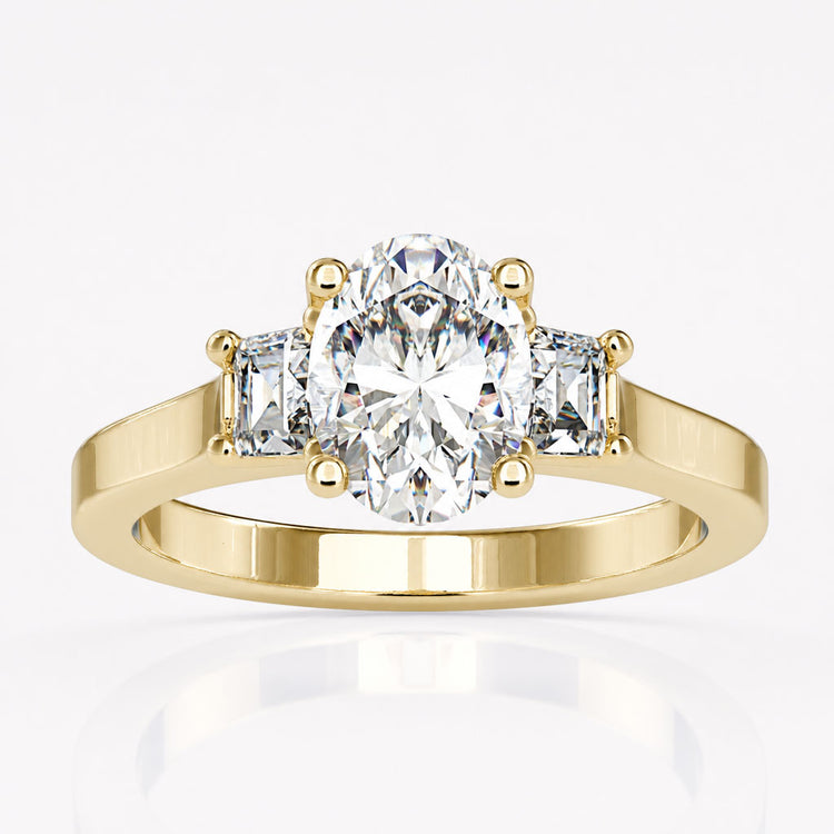 2.04 TCW Oval and Trapezoid Moissanite Three Stones Engagement Ring