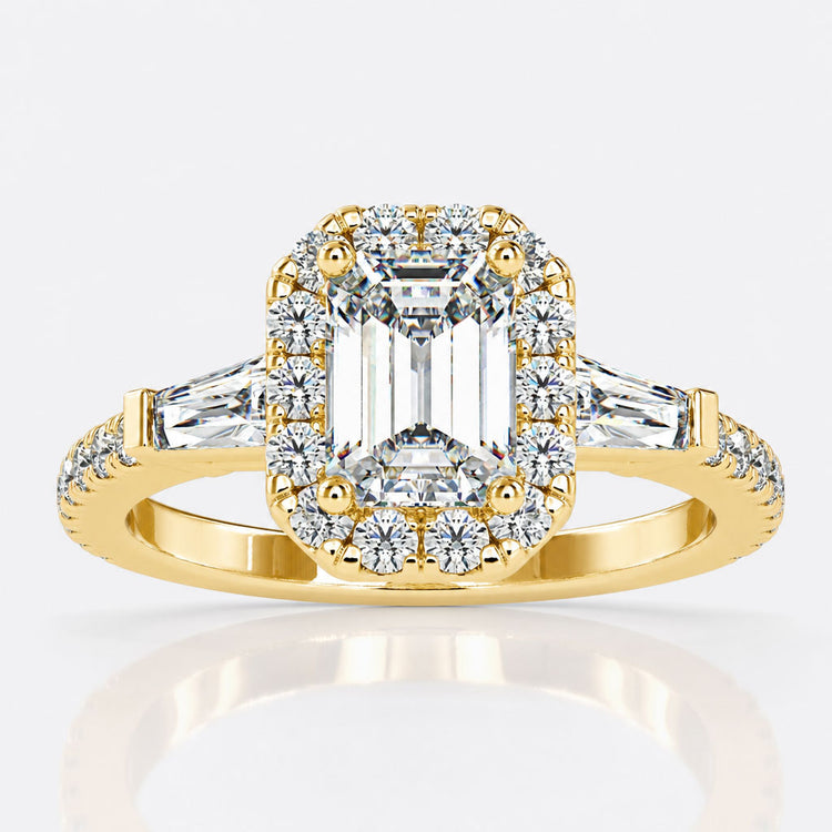 Three Stone Emerald Cut Halo Engagement Ring