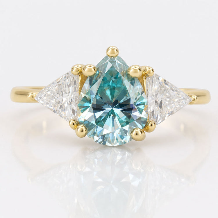 2.34 TW Pear Cyan Blue and Triangle Cut Three Stone Moissanite Engagement Ring