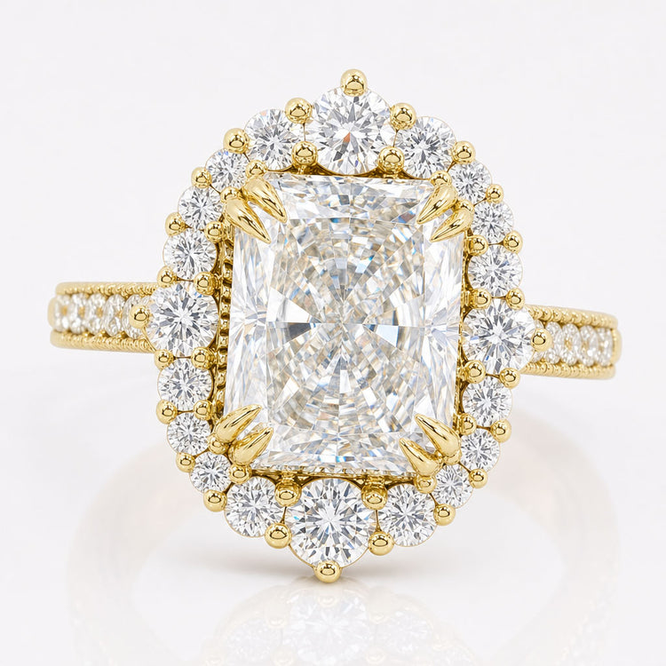 3.74 TCW Radiant Cut Moissanite Intricate Vintage Halo Engagement Ring