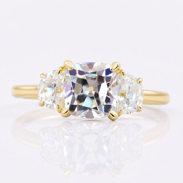 2.02 TCW Cushion OEC and Half-moon Three Stones Engagement Ring
