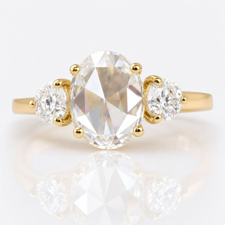 Oval Rose Cut Moissanite Vintage Three Stone Ring 2.3 CT